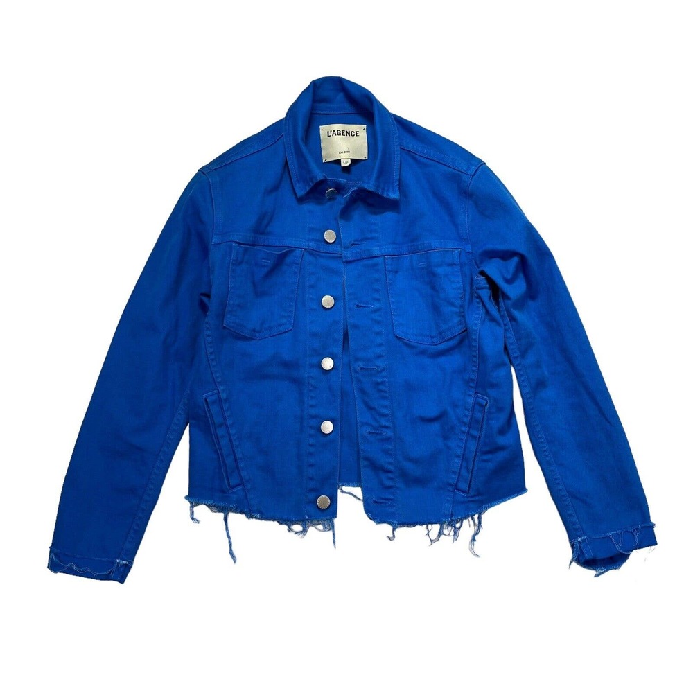 L'Agence Women's Blue Cobalt Raw Hem‎ Stretchy Janelle Denim Jacket Sz Small